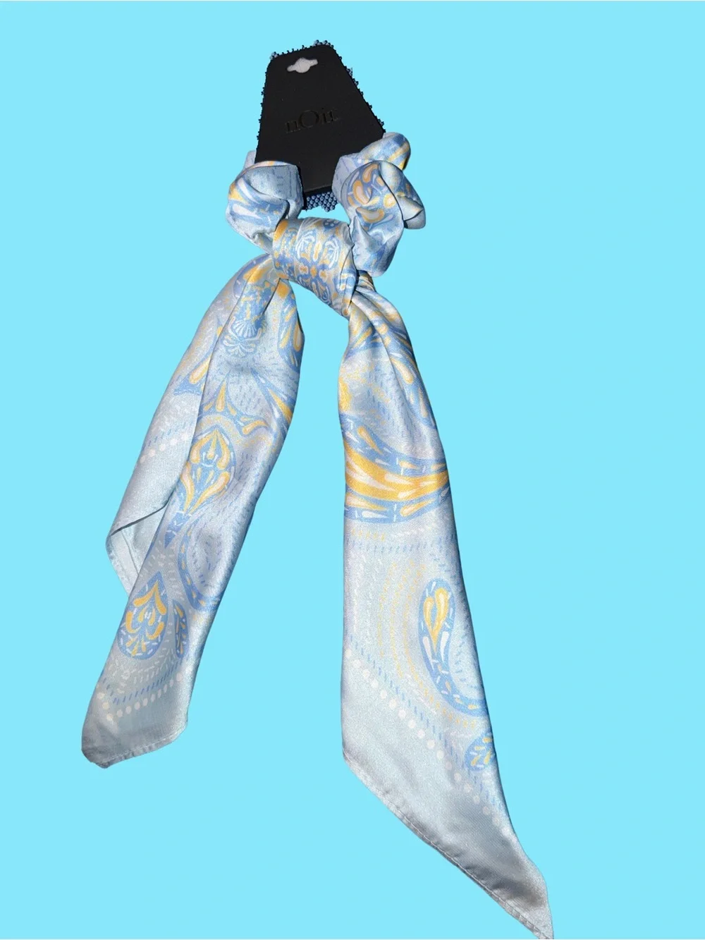 nOir Jewelry Light Blue & Yellow Paisley Satin Scarf Hair Scrunchie